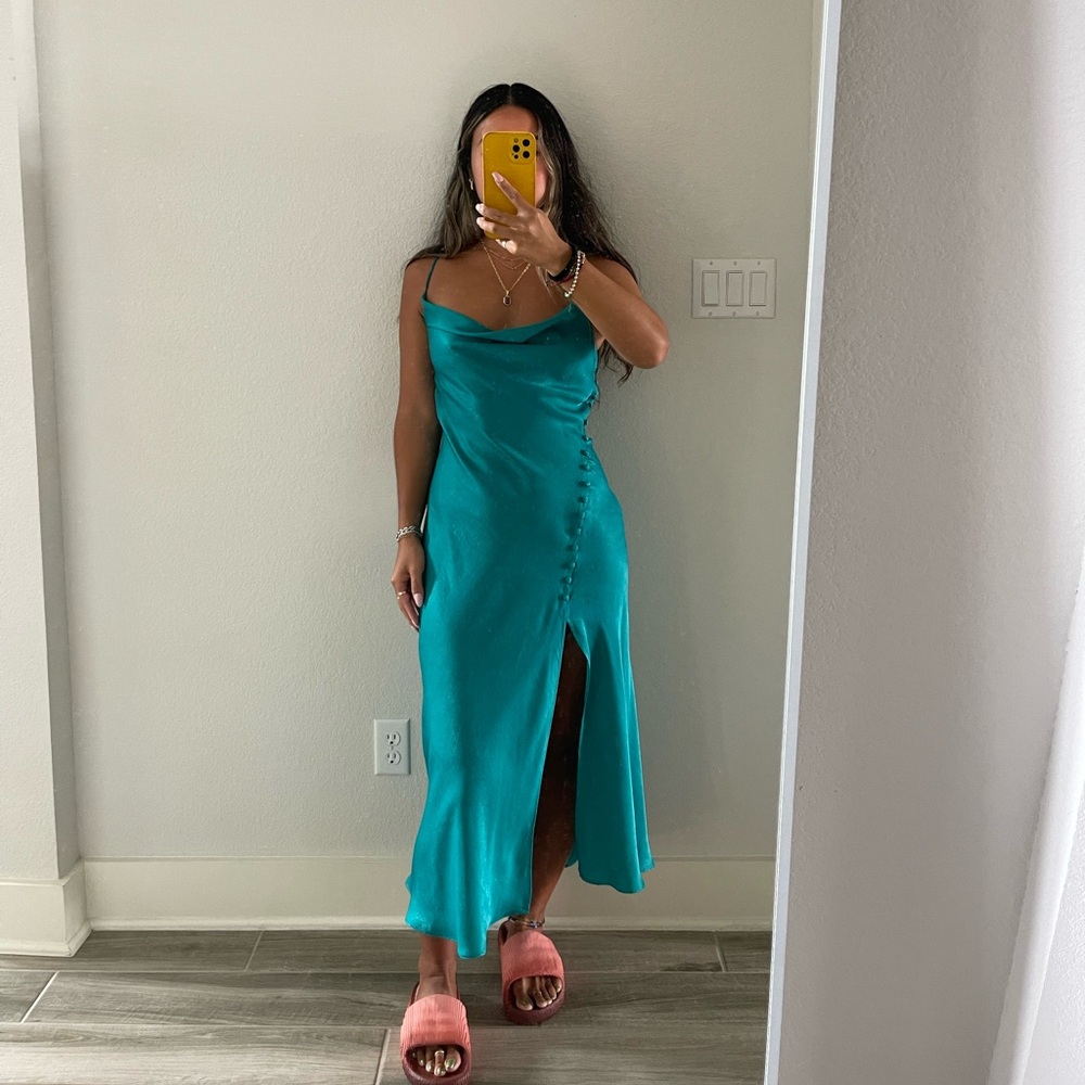 ZARA Satin silk cowl neck slip dress with buttons